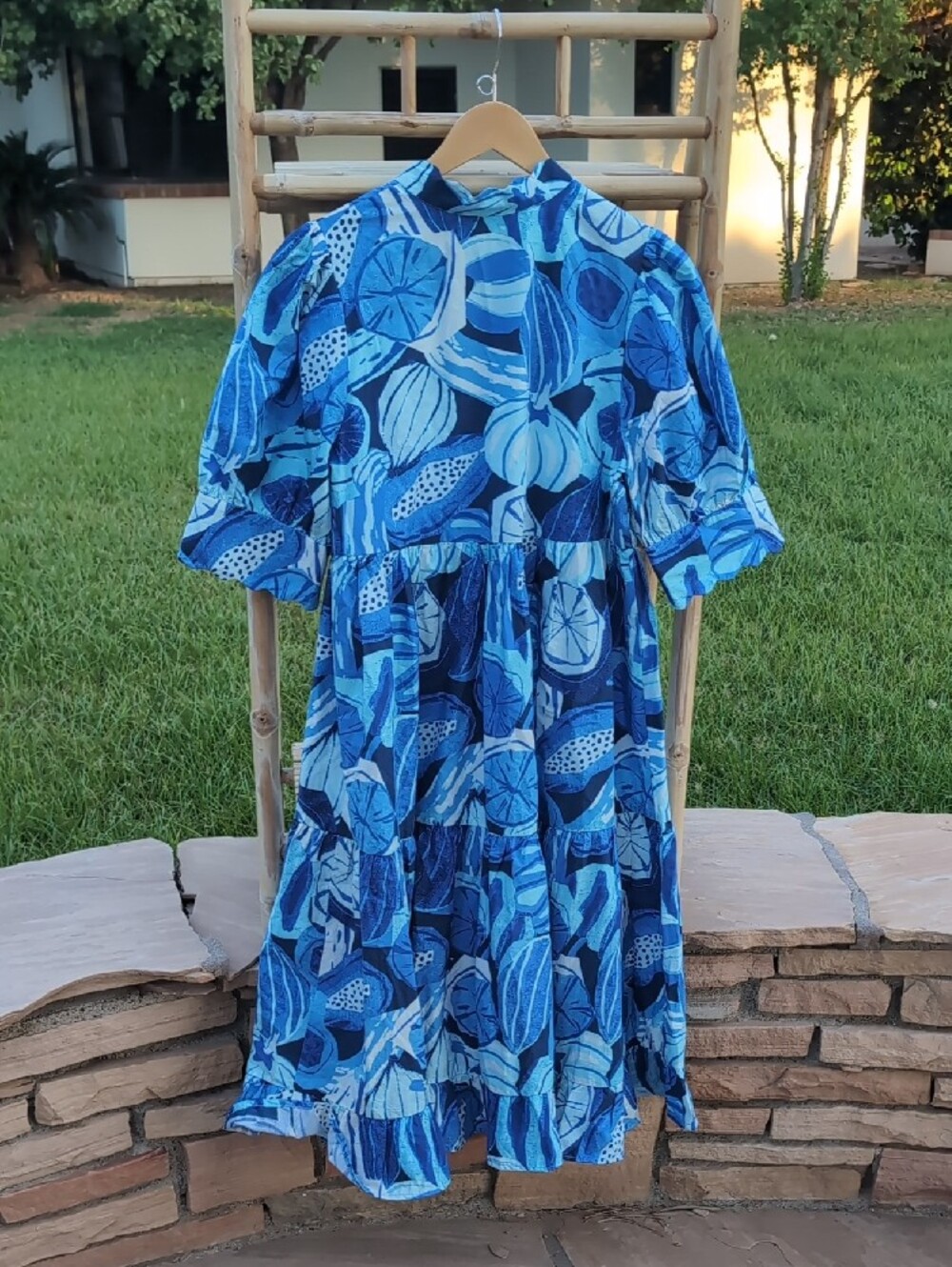 Farm Rio Blue Tropical-Print Button Midi Dress 100% Cotton - Picture 3 of 5